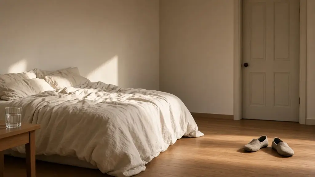 Depresyonda eylemsizlik döngüsünü çağrıştıran sabah ışığında bekleyen bir yatak