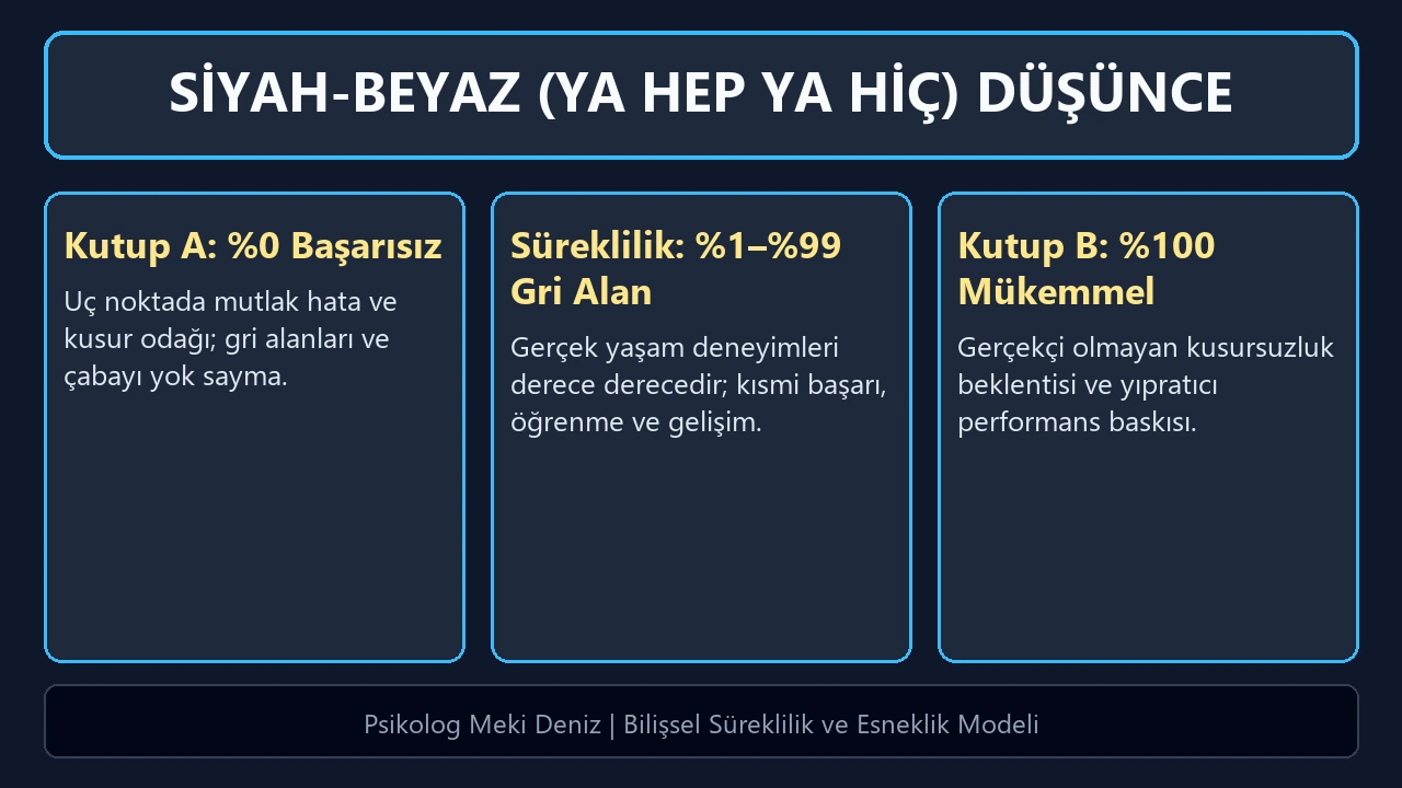 Siyah-beyaz düşünce tarzı analiz şeması; ya hep ya hiç kutbu, gri alanlar ve esnek bakış kartları