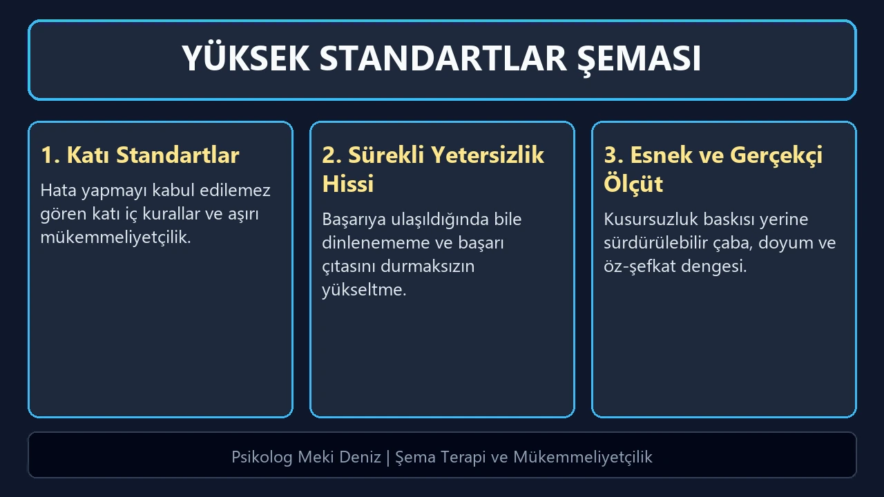 Yüksek standartlar şeması ve mükemmeliyetçilik dinamikleri; katı kurallar, tükenmişlik ve esneklik kartları